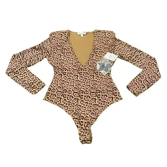 NWT Good American Power Shoulder Animal Print Leopard V-Cut Long Sleeve Size 2 - Picture 1 of 11